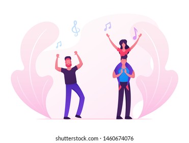 Men and Women Fans Cheering, Dancing and Jumping with Hands Up, Group of Young People Visiting Music Event or Concert, Girl Sitting on Man's Shoulders, Friends Leisure. Cartoon Flat Vector Illustration