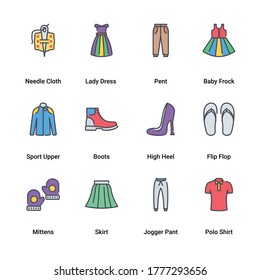 Men and Women fashion clothing and accessories color line vector icons. Objects of male & female outfit clothes, shoes and every day essentials for any season. Modern urban casual style elements.