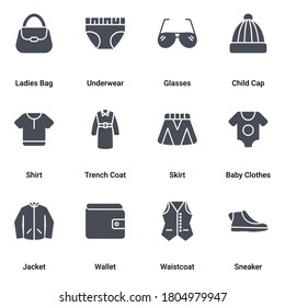 Men and Women fashion clothing and accessories Glyph Icons set. 