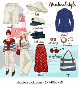 Men and women fashion and trends, stylish and fashionable clothes designed in nautical theme. Accessories and clothing for males and females. Skirt and coat, hat and jewelry. Vector in flat style