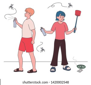 Men And Women Are Fighting Mosquitoes Flying. Hand Drawn Style Vector Design Illustrations. 