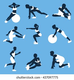 men and women Fitness silhouettes. exercises concept  vector illustration, isolated on a blue background