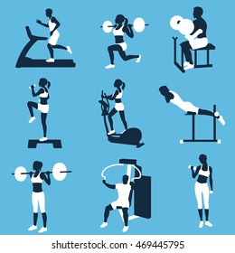 men and women  fitness silhouettes. fitness  exercises concept.