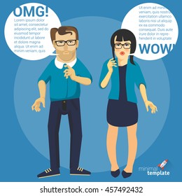 Men and women flat design characters with speech bubbles.