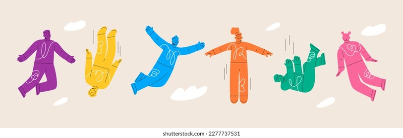 Men and women fly down independent future. Freedom people flying, floating in air. Colorful vector illustration