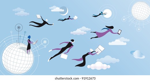 Men a women flying and working between clouds. Cloud computing