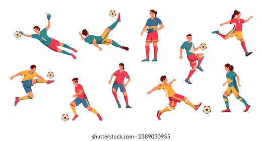 Men and women football players. Cartoon male and female characters playing soccer, male and female athletes in uniform dribbling and kicking ball. Vector set. Professional sport or leisure activity