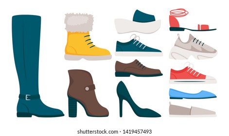 Men and women footwear models flat vector illustrations set. Fashionable stilettos, high heels. Shoe shop, boutique, showroom assortment. Male, female, unisex sneakers and boots isolated clipart