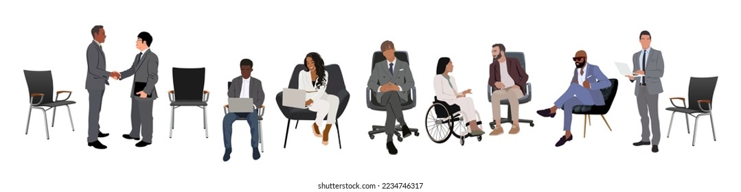 Men, women in formal clothes take part in business meeting, discussion, conference. Set different male, female characters sitting, standing. Inclusive business concept. Vector illustration isolated.