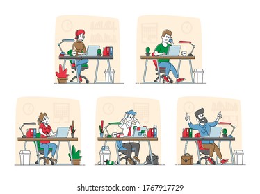 Men and Women Freelancers or Office Workers Characters Working on Laptop Sitting at Desk. Remote or Stationary Workplace. Freelance Self-employed Occupation Concept. Linear People Vector Illustration