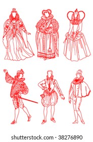 men and women in the French suits of XVI age on a white background