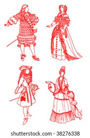 men and women in the French suits of XVII age on a white background