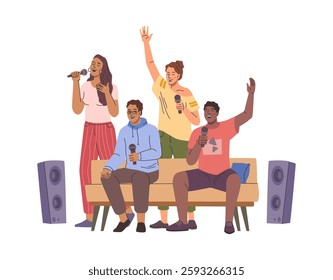 Men and women friends singing in karaoke. Vector isolated people with microphones smiling and having fun together. Outing or night out with couples. Funny weekend activities and leisure