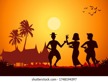 men and women fun with country dance song around with country rural life in silhouette style,vector illustration