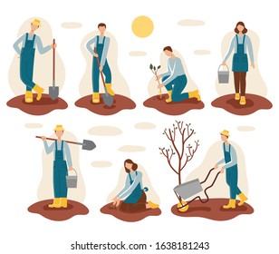 Men and women in the garden.Gardening and spring planting.In their hands, buckets, shovels, wheelbarrow, seedlings, seeds.Land, dig, fertilizer, soil.A set of seven people.Flat vector illustration