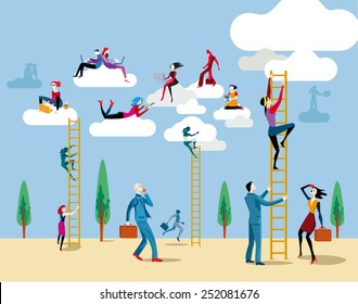 Men and women go up heaven by a ladders to access the cloud from which they work on line and share information and knowledge.