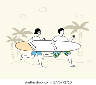 men and women going surfing on holidays illustration set. summer, palm tree, vacation, ocean. Vector drawing. Hand drawn style.