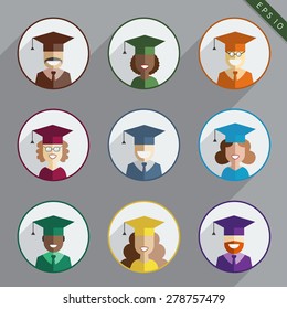 Men and women graduates of the earth in gown and hats. Graduation icon set in flat style. Back to school, university or college students and pupils of the world. Educational concept people