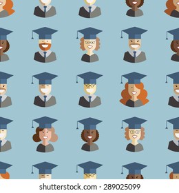 Men and women graduates in gown and hats. Seamless graduation background. Back to school, university or college students and pupils of the world. Educational concept pattern