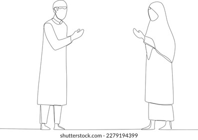 Men and women greet each other. Silaturahim one-line drawing