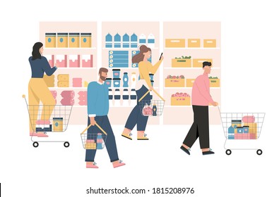 Men and women at grocery or supermarket. Customers with baskets or shopping trolley choose food products. Shelves with assortment of milk or meat products, vegetables. Vector character illustration