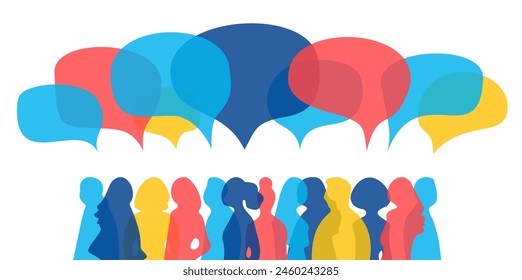 Men and women group, speech bubble talk. People crowd voice, blogger panel. Message noise, Network Connect Idea. Vector Abstract Background. Social Media communication, discussion, teamwork concept.