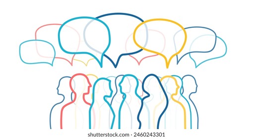 Men and women group, speech bubble talk. People crowd voice, blogger panel. Message noise, Network connect Idea. Vector color line Abstract Background. Social Media communication, discussion concept.