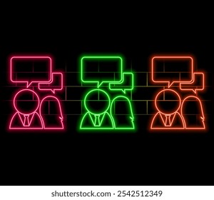 Men and women group, speech bubble talk. People crowd voice, blogger panel. Message noise, Network connect Idea. Vector color line Abstract Background. style neon. Social Media communication, discussi