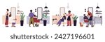 Men and women in hair salon. People get haircuts. Guys make out stylish beards. Barbershop visitors. Moustache shaving. Caring of hairstyle. Hairdressing service. Garish
