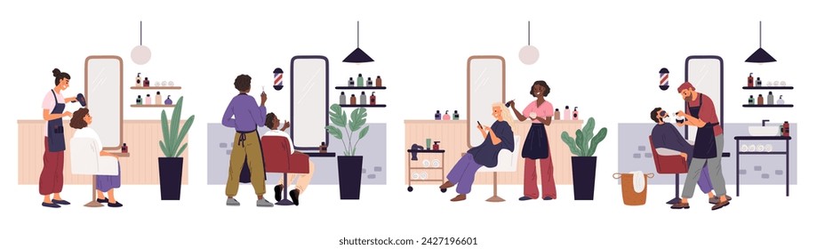 Men and women in hair salon. People get haircuts. Guys make out stylish beards. Barbershop visitors. Moustache shaving. Caring of hairstyle. Hairdressing service. Garish