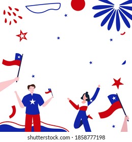 Men and women happiness wear apparel Chile nation holding flag celebration independence day with flat cartoon style