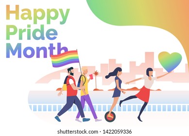 Men and women in happy pride parade. Diversity, discrimination, freedom concept. Presentation slide template. Vector illustration for topics like tolerance, homophobia, social rights