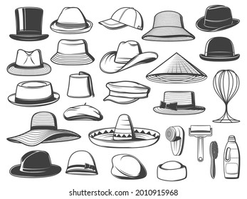 Men and women hats, caps and panamas. Vector top hat, trilby and sombrero, homburg, bucket and cowboy, asian, fez and boater, basketball, breton and flat cap, fedora, floppy and cleaning accessories