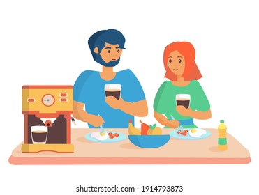 Men and women have breakfast at home and drink coffee from coffee maker Cartoon vector illustration