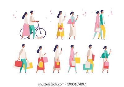 Men And Women Have A Day Off On New Normal. Shopping, Dating And Walking. Flat Cartoon Colorful Vector Illustration.