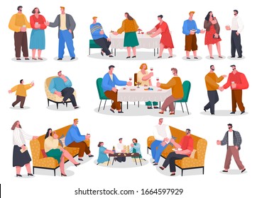 Men and women have dinner, party in restaurant or at home. Friends and family meeting with food and games. Set of isolated pictures with people having fun. Vector illustration of banquet in flat style