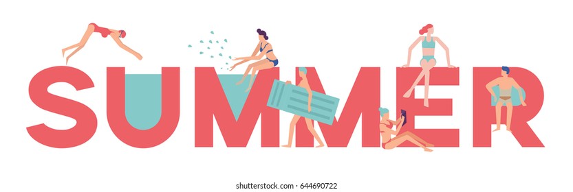 Men and Women have many activities like swiming, jumping, reading, sitting in summer text.