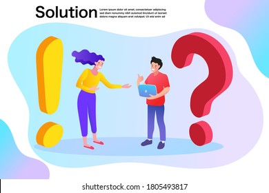 Men and women have questions And solving problems together. Vector cartoon illustration.