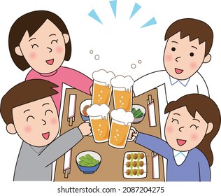 Men and women having a drinking party at a tavern