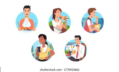 Men & women having lunch meal or snack break food set. Hungry business people eating at work, home, outdoors on the go. Person enjoying dish, sandwich, chips, cookie, drinking flat vector illustration