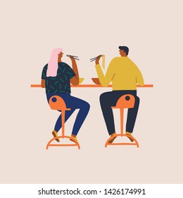 Men and women having lunch in street food cafe, eating ramen noodle soup and sushi and have a conversation illustration in vector. Trendy flat cartoon characters design.