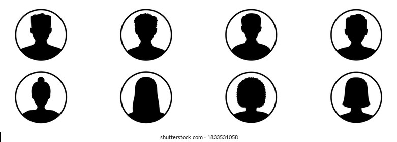 Men and women head business silhouette icon set. Human black avatar vector in line circle isolated on white. Male and female profile picture illustration.