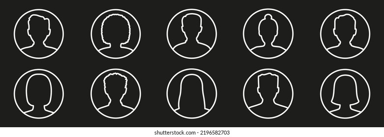 Men and women head linear icon set. Human avatar in line circle shape. Male and female profile symbol collection. Vector isolated on black. 