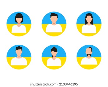 Men and women head in round shape. Male and female avatar in Ukrainian flag. Vector illustration isolated on white.