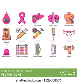 Men and women health icons including HIV, AIDS, liver disease, kidney failure, gynaecomastia, autoimmune disorder, vaccination, anti-vax, tampon, panties, menstrual cup, calendar, sanitary napkin.