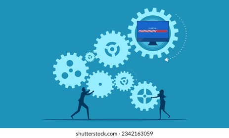 men and women help connect gears to download. work progress