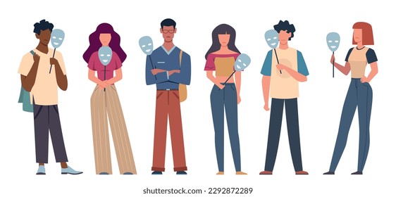 Men and women hiding their faces behind social masks with fake positive, joyful emotions and feelings. Psychology and mental health. False identity cartoon flat style isolated vector set