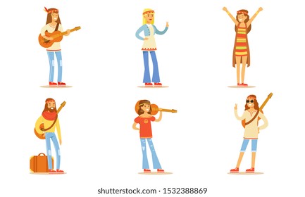 Men and Women Hippie Characters Set, Happy People Wearing Hippie Clothes of the 60s and 70s Vector Illustration