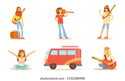 Men and Women Hippie Characters Set, People Wearing Hippie Clothes of the 60s and 70s Playing Music and Travelling Vector Illustration