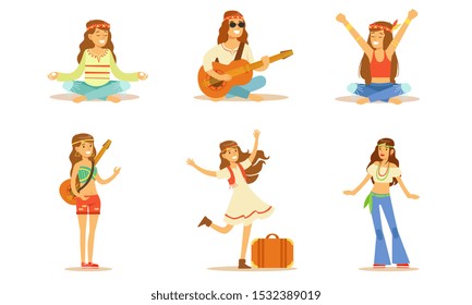 Men and Women Hippie Characters Set, Happy People Wearing Hippie Clothes of the 60s and 70s Playing Music, Travelling, Meditating Vector Illustration